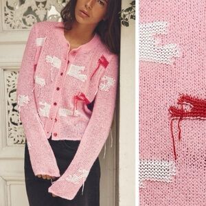 Zara Pink & Red Distressed Knit Jacquard Cardigan Distressed XS Abstract Unique